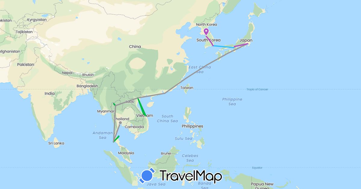 TravelMap itinerary: driving, bus, plane, train, boat in China, Japan, South Korea, Thailand, Vietnam (Asia)