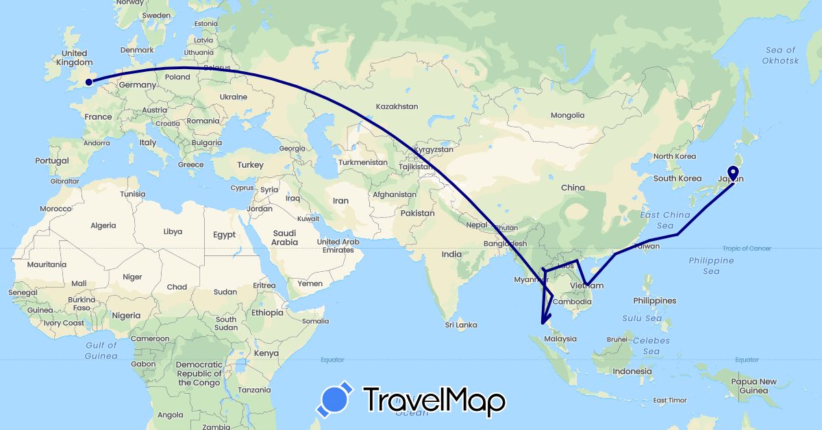 TravelMap itinerary: driving in China, United Kingdom, Japan, Thailand, Taiwan, Vietnam (Asia, Europe)